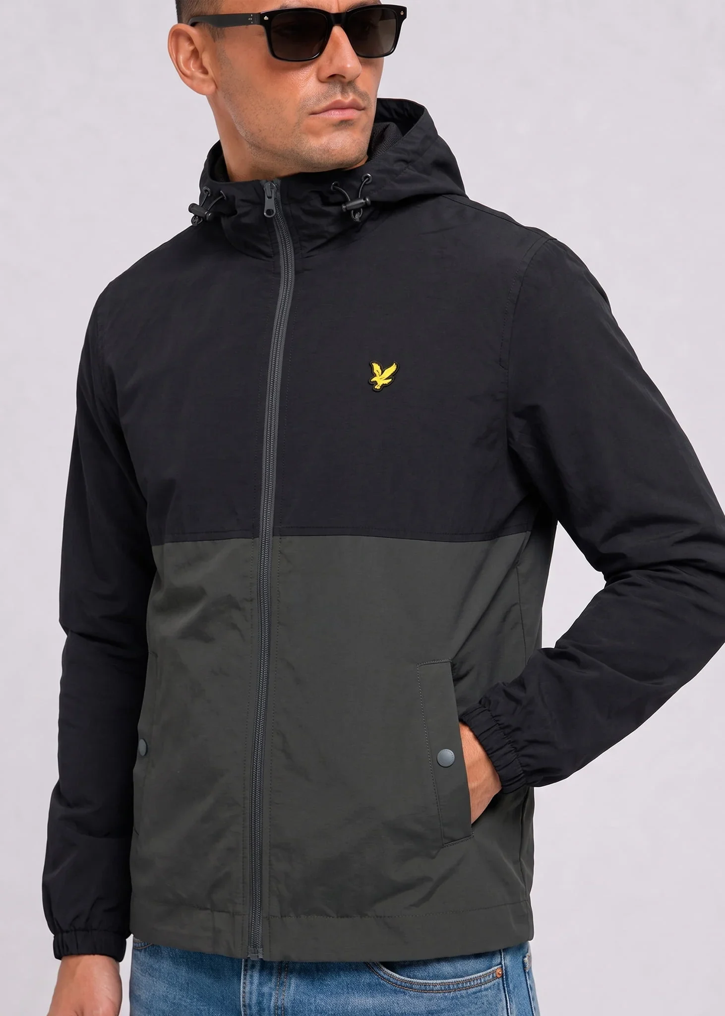 Colour block zip through hooded jacket - jet black gunmetal