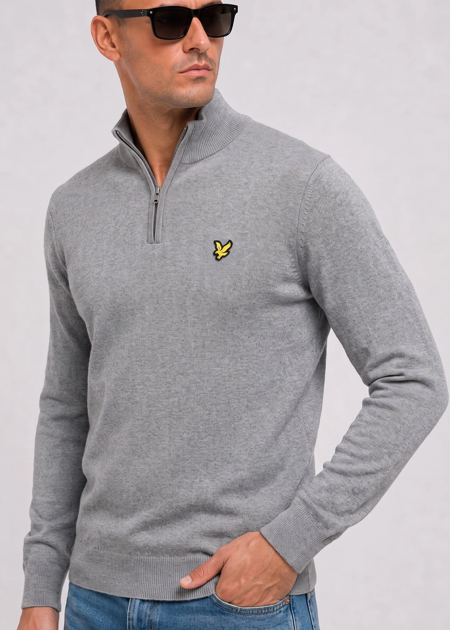 Cotton merino quarter zip jumper - mid grey marl