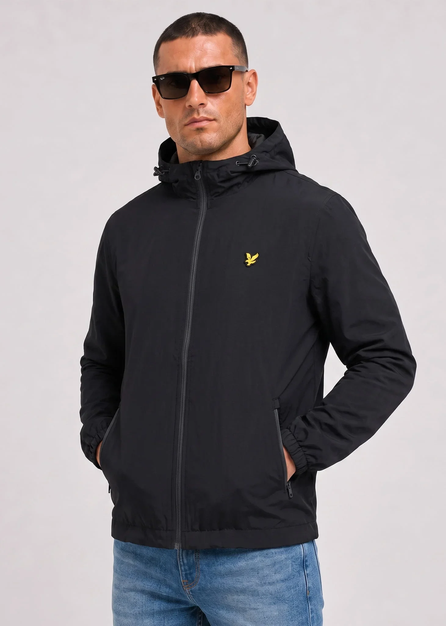 Contrast zip through hooded jacket - jet black gunmetal