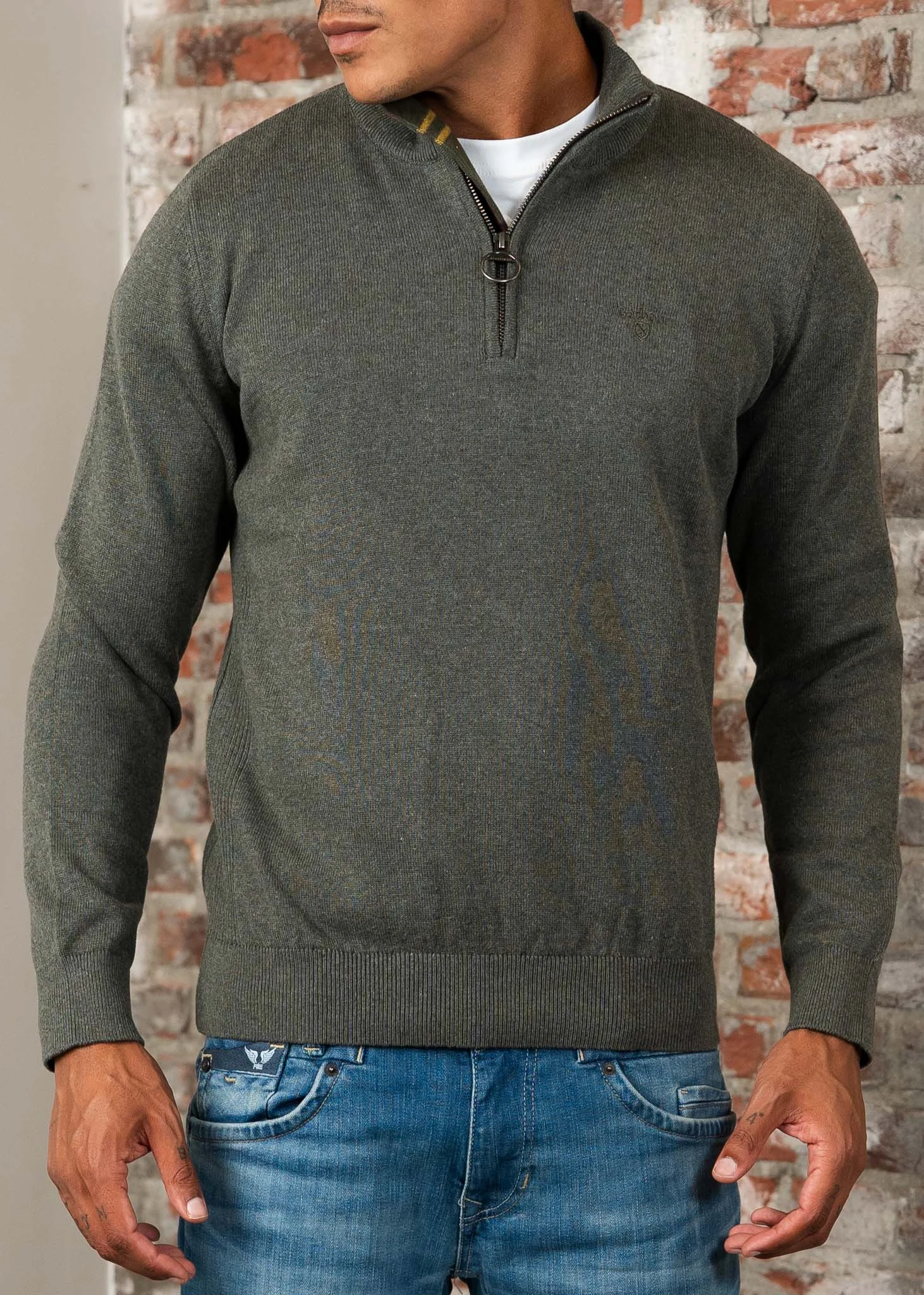 Cotton half zip knitted jumper - olive marl