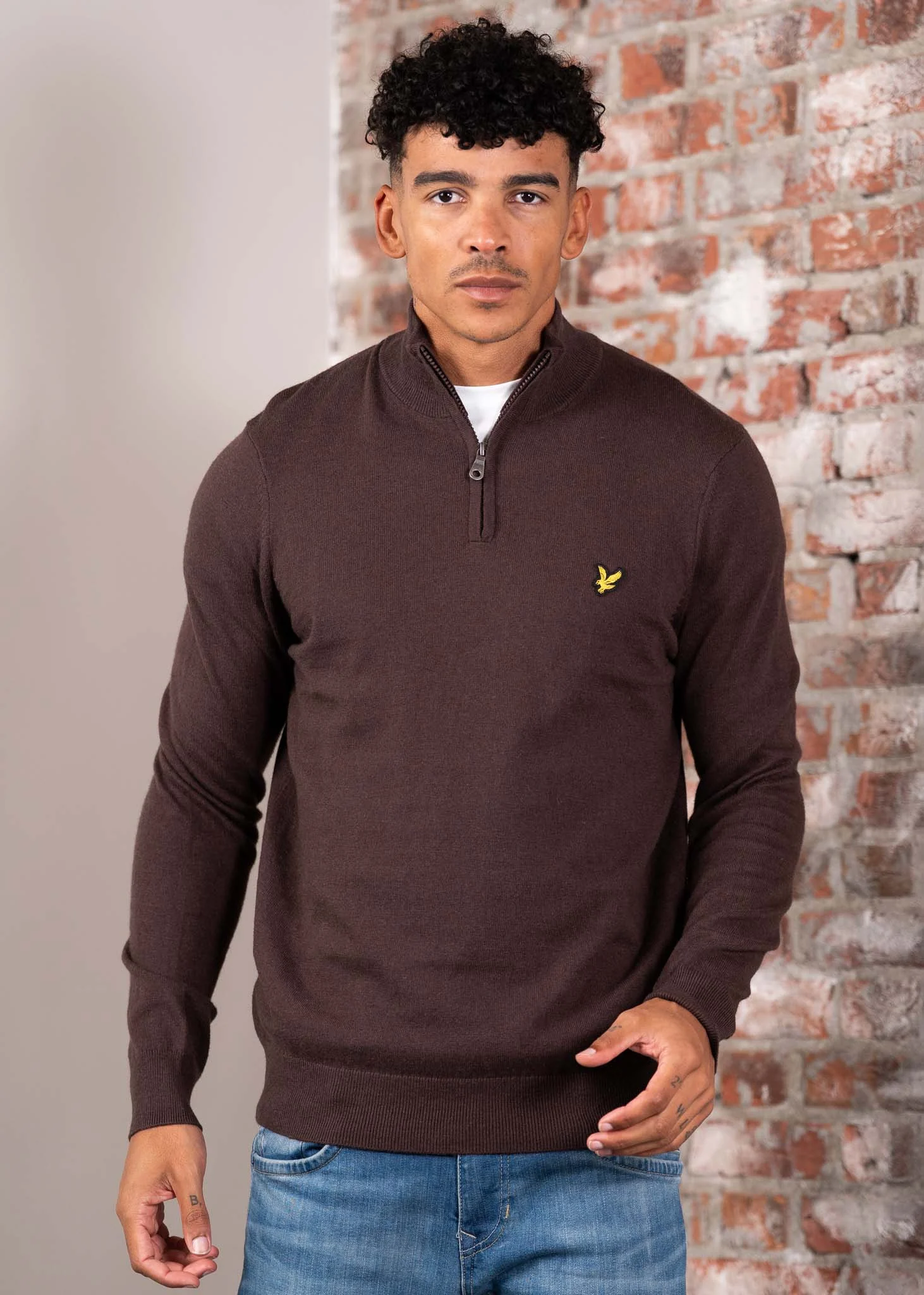 Cotton merino quarter zip jumper - espresso