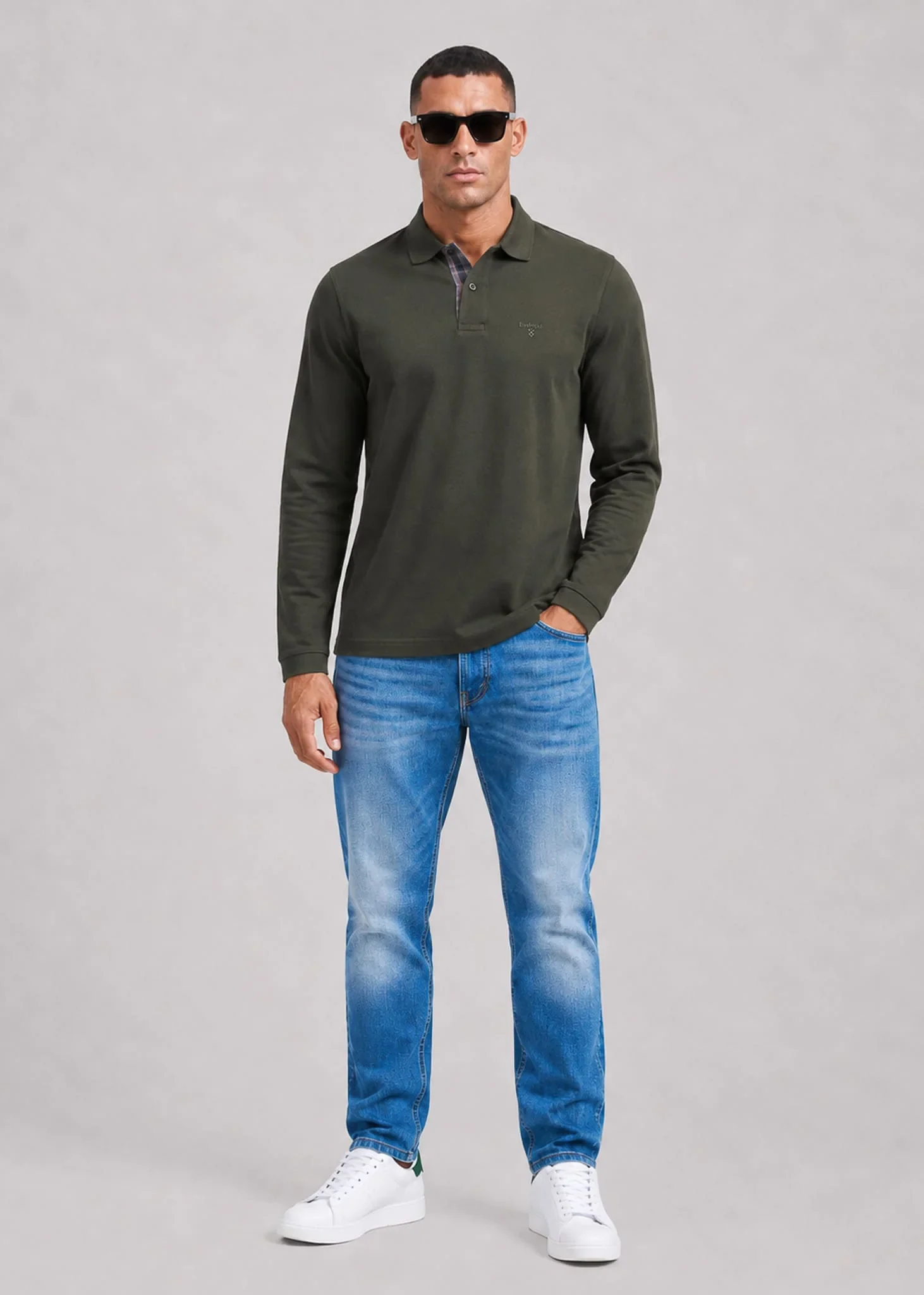 Barbour essential ls tartan pique polo shirt - forest